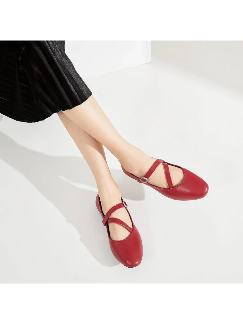 Women's Dark Red Mary Janes with Cross Strap Soft Memory Foam Flats Shoes